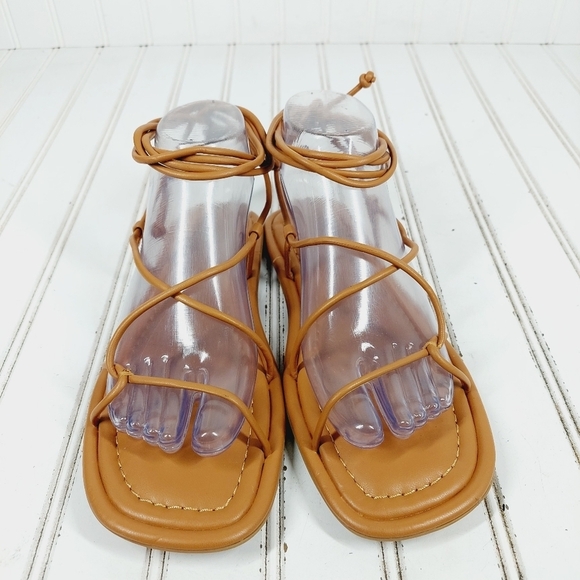 NEW Open Edit Brown Leather Strappy Lace Up Ankle Summer Flat Sandals M485 - Picture 3 of 11